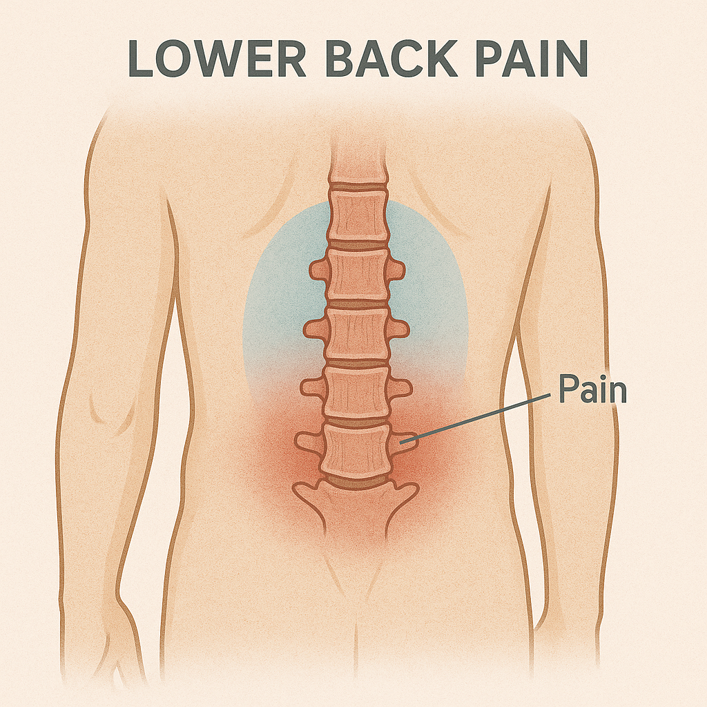 An illustration showing the lower back pain with a labeled spinal column and shaded red area indicating pain in the lower back.