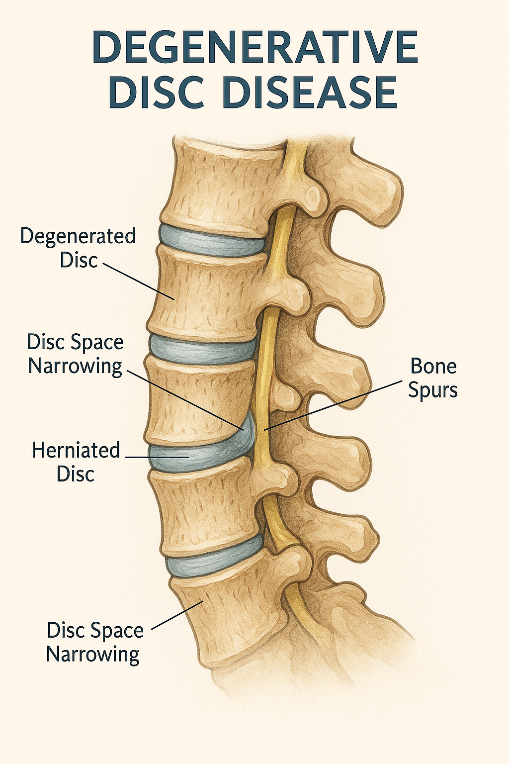 Diagram of spinal degeneration showing a herniated disc, disc space narrowing, bone spurs, and a degenerated disc.