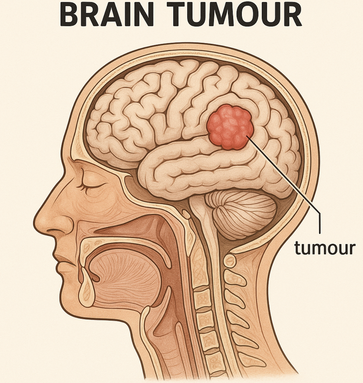A medical illustration of a human head in profile showing a brain tumor in the right hemisphere of the brain. The tumor is labeled and depicted as a red mass.