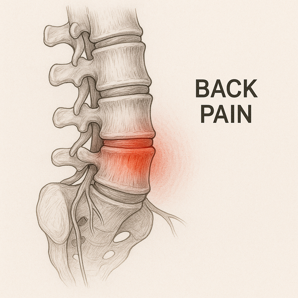 Drawing of a human spine highlighting a lower back with red shading indicating back pain.