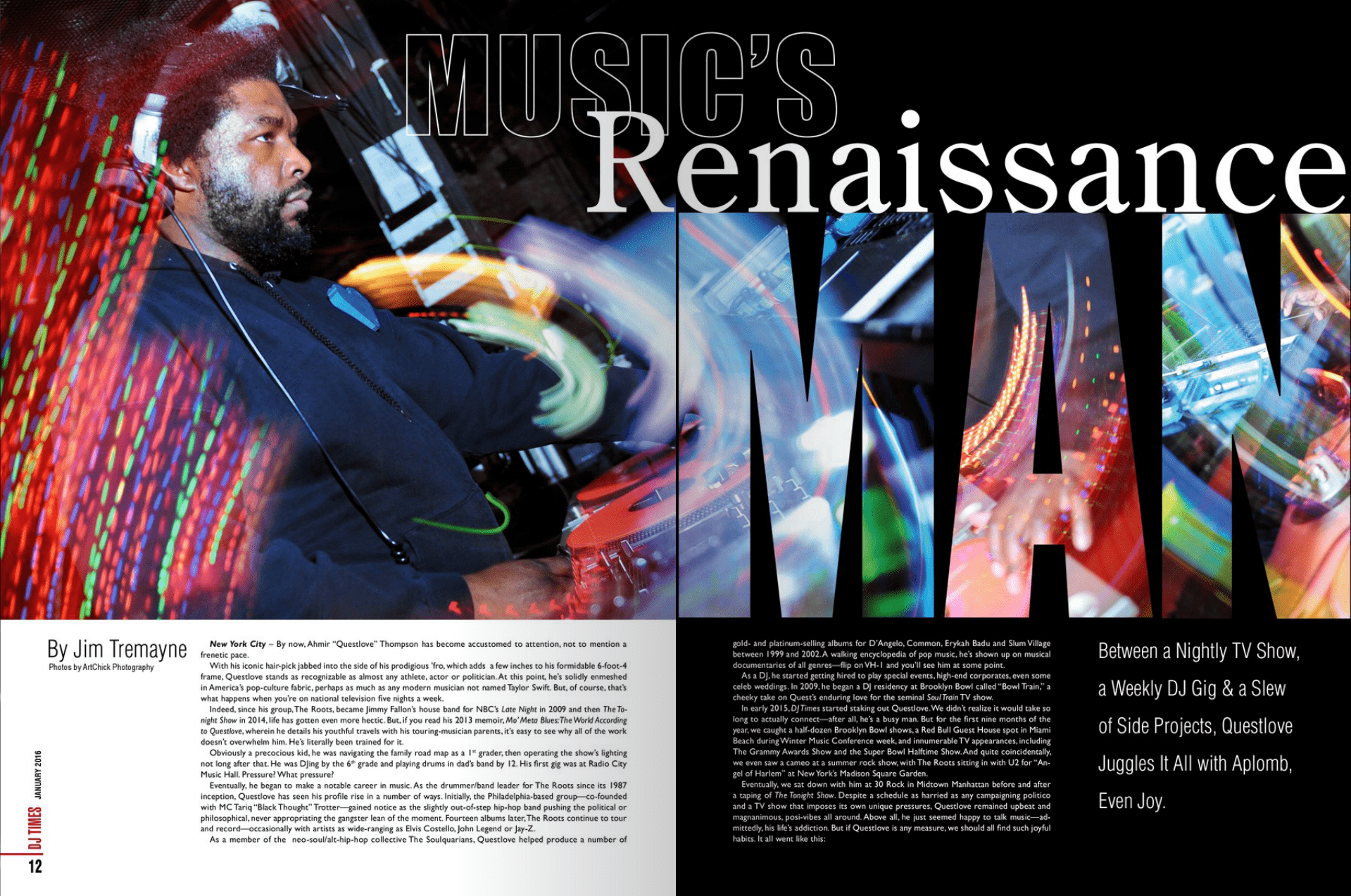 A man with headphones working with DJ equipment at a night event, with colorful light trails and large overlay text reading 'Music's Renaissance'.