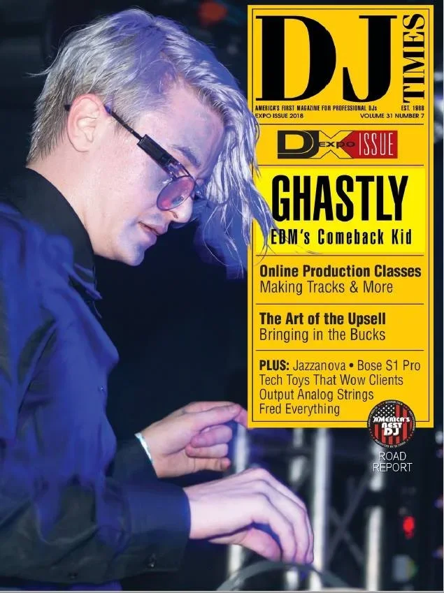 Cover of DJ Times magazine featuring a DJ with dyed purple hair and glasses, alongside headlines about EDM, online production classes, and gear reviews.