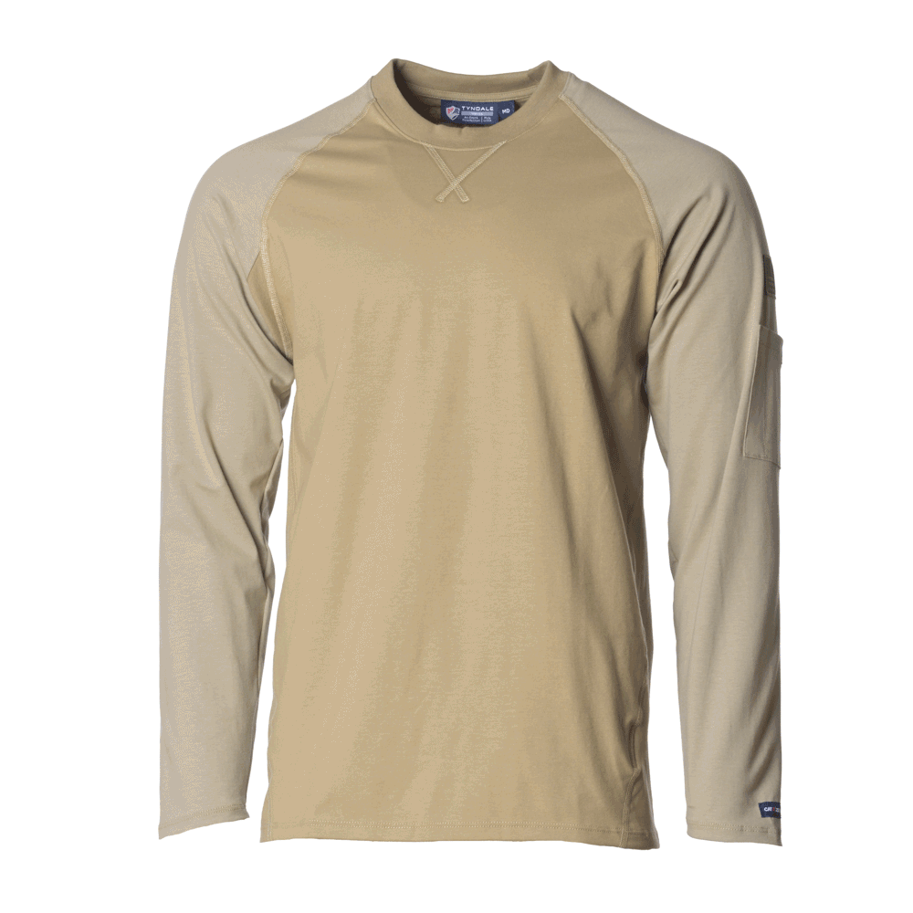 Beige long sleeve athletic shirt with raglan sleeves.