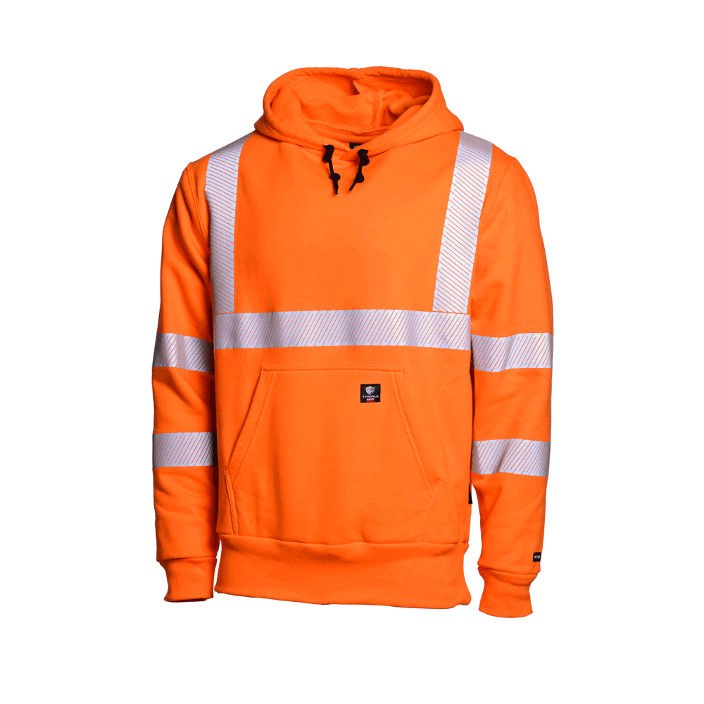 Orange safety hoodie with reflective stripes, a front pocket, and a black adjustable drawstring hood.