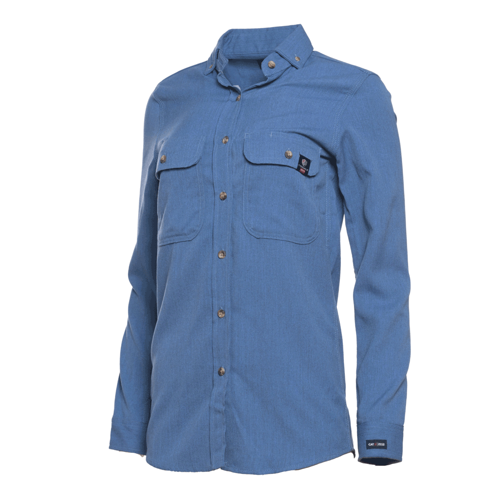 Blue long-sleeve button-up shirt with pockets and shoulder epaulets.