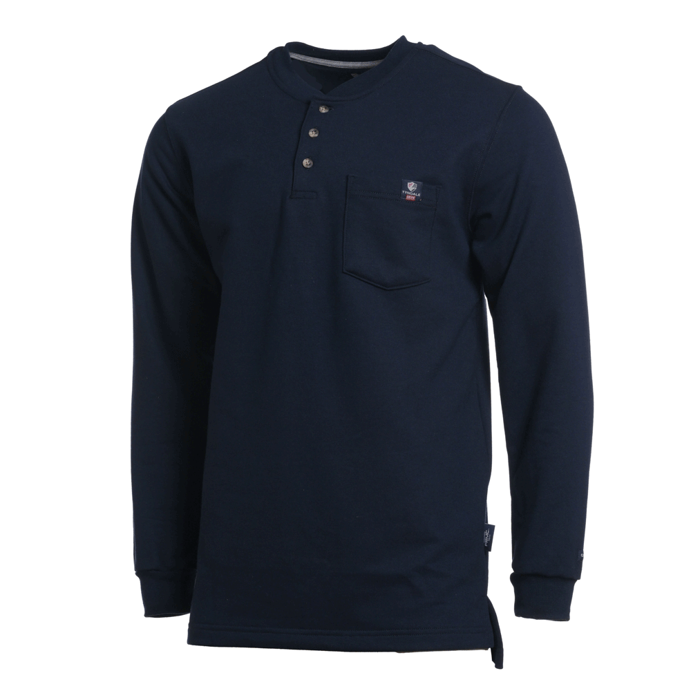 A navy blue long-sleeve shirt with a buttoned collar and a chest pocket.