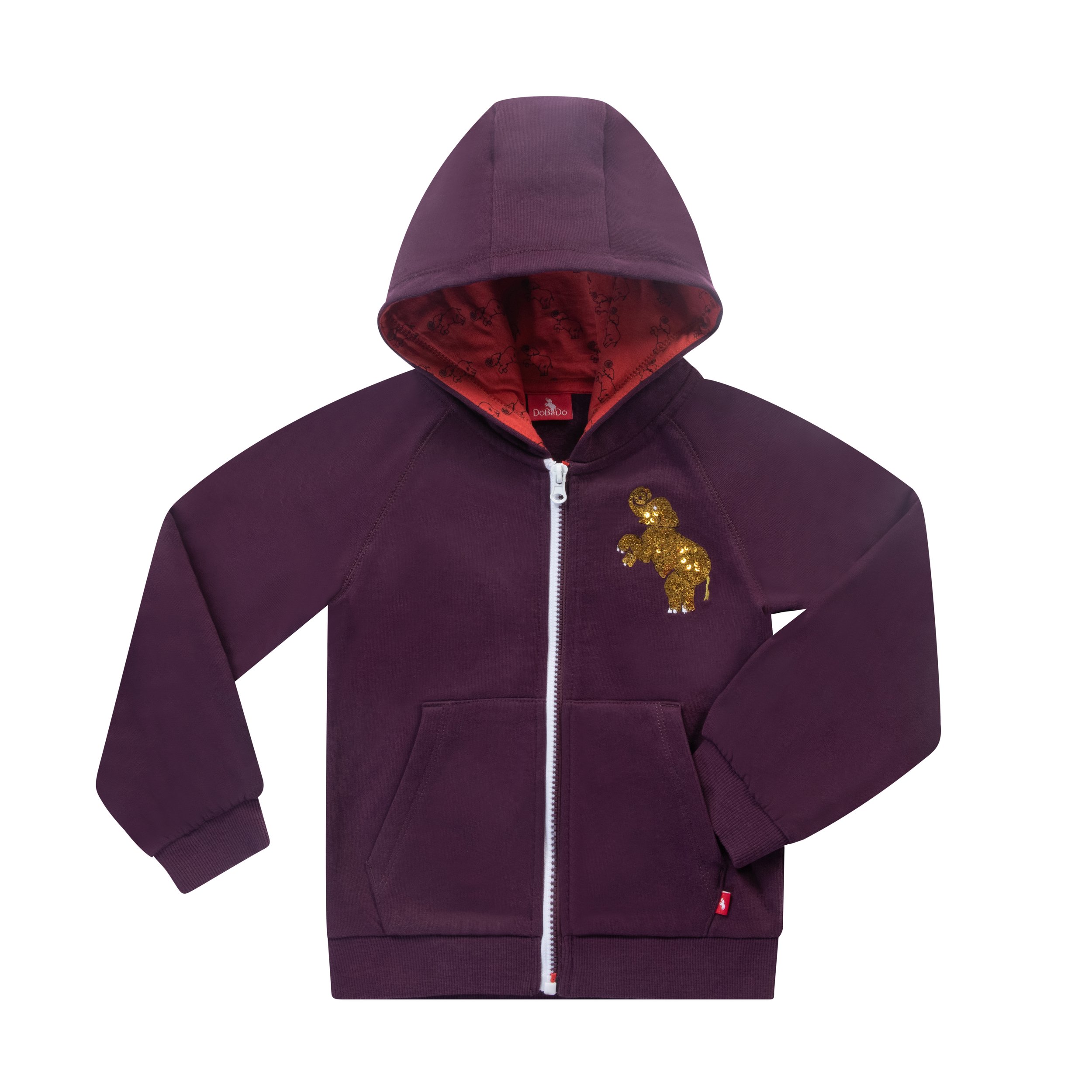 Purple hoodie with a gold sequin elephant embroidery on the chest, front zipper, and red lining inside the hood.