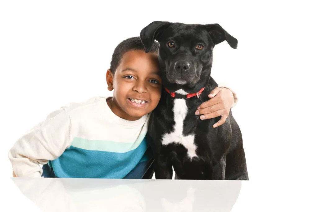 A young boy hugging a large black dog with a white patch on its chest, both looking at the camera.
