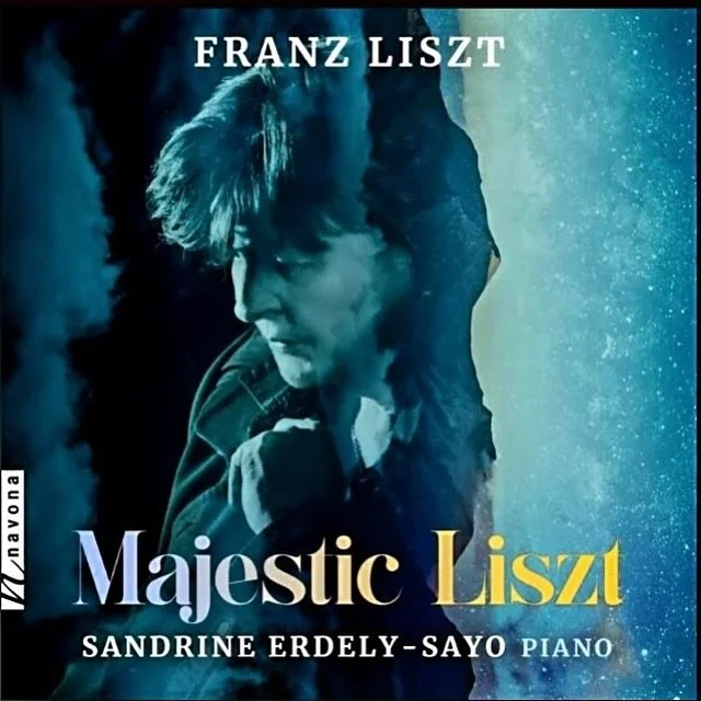 Album cover featuring a double exposure of Franz Liszt's portrait with a starry night sky, title 'Majestic Liszt,' and artist Sandrine Erderly-Sayo on piano.