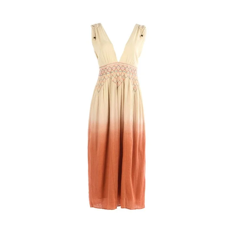 Long bohemian maxi dress with a deep V neckline, smocked waist, and a color gradient from beige to rust towards the hem.