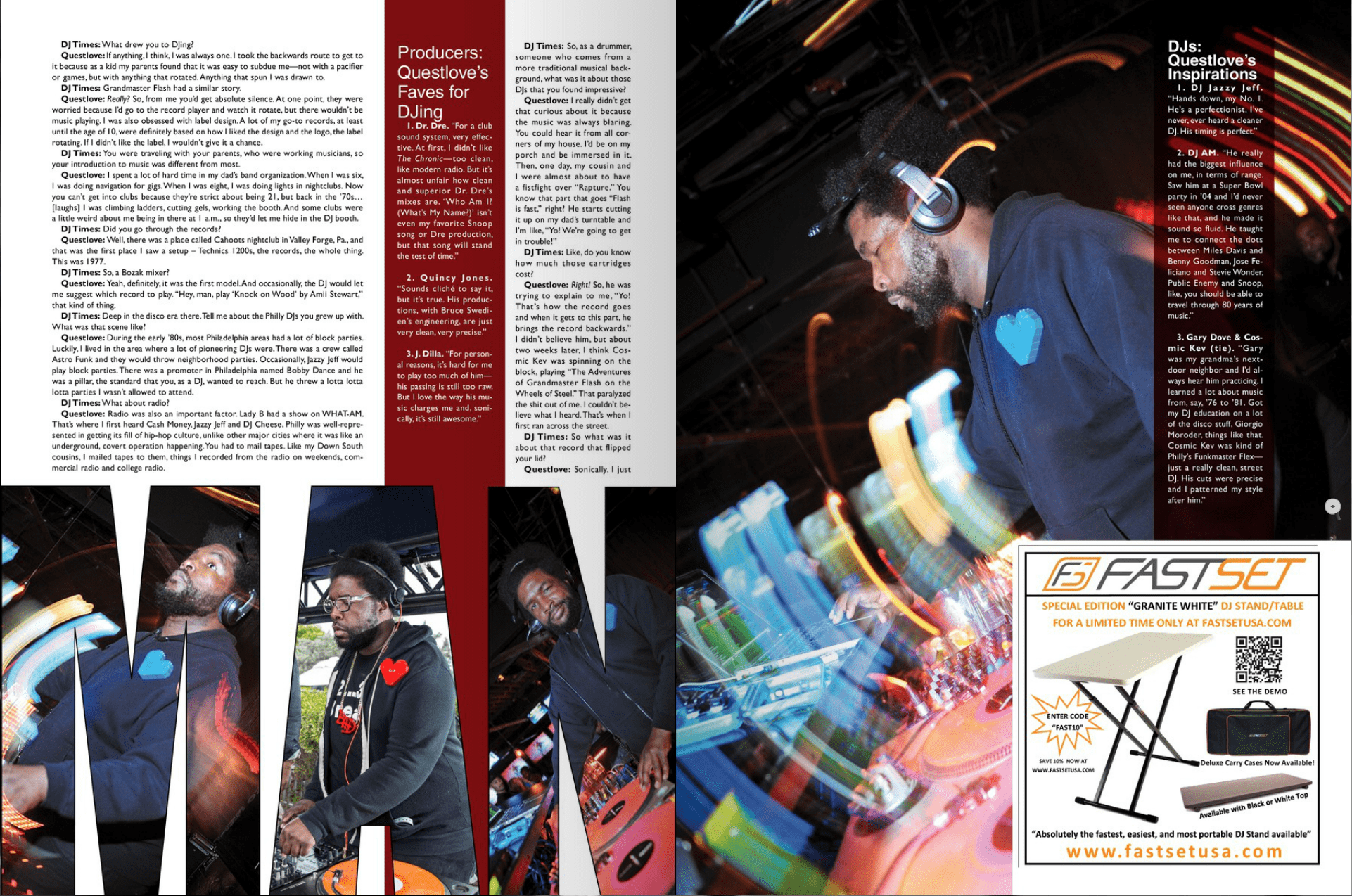 A colorful magazine spread featuring photos of DJs at work, with a focus on DJ times and quotes from various DJs, and an advertisement for a DJ stand with a QR code and website at the bottom right corner.