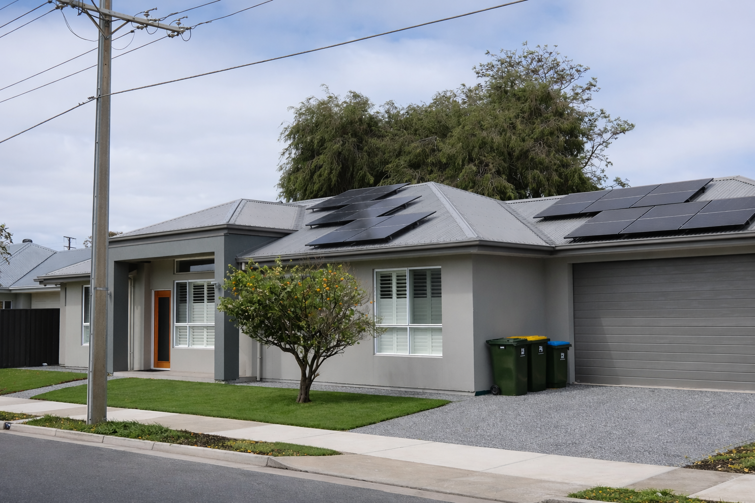 Modern single-story house with solar panels on the roof, a small front yard with a tree, and three trash bins near the garage, against a background of a blue sky with some clouds.