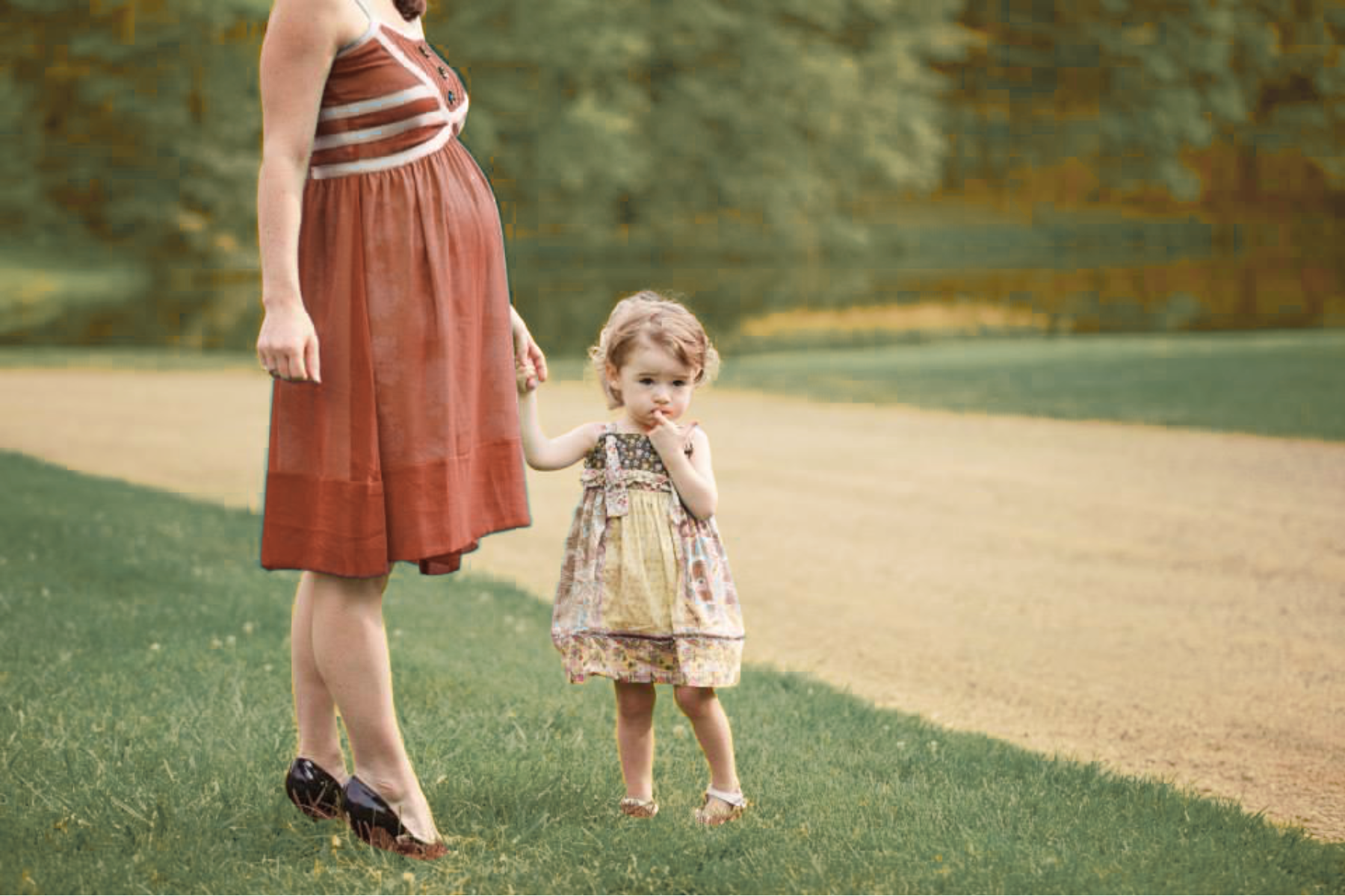 A woman holding the hand of a young girl while walking on grass in a park with trees in the background.