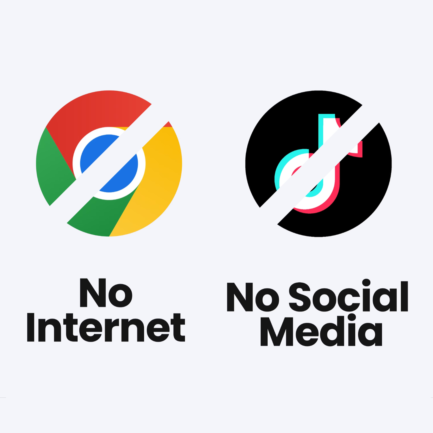 Comparison of two social media icons with crossed-out symbols. The first icon is the Google Chrome logo with a red, green, yellow, and blue circle, marked with a diagonal line and labeled "No Internet." The second icon is TikTok's logo with a black c