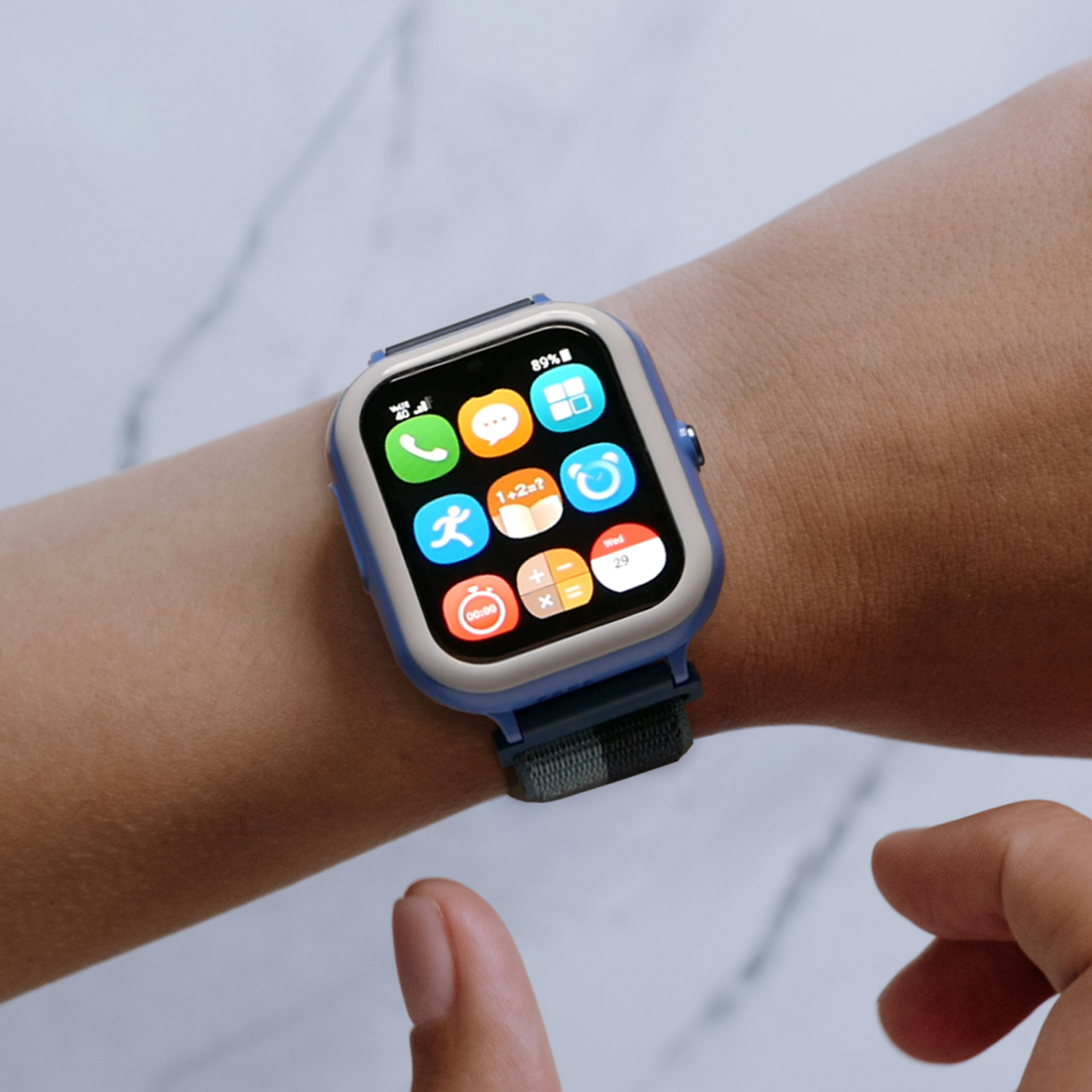 A smartwatch on a person's wrist displaying various app icons including phone, messages, calendar, weather, fitness, timer, and calculator.
