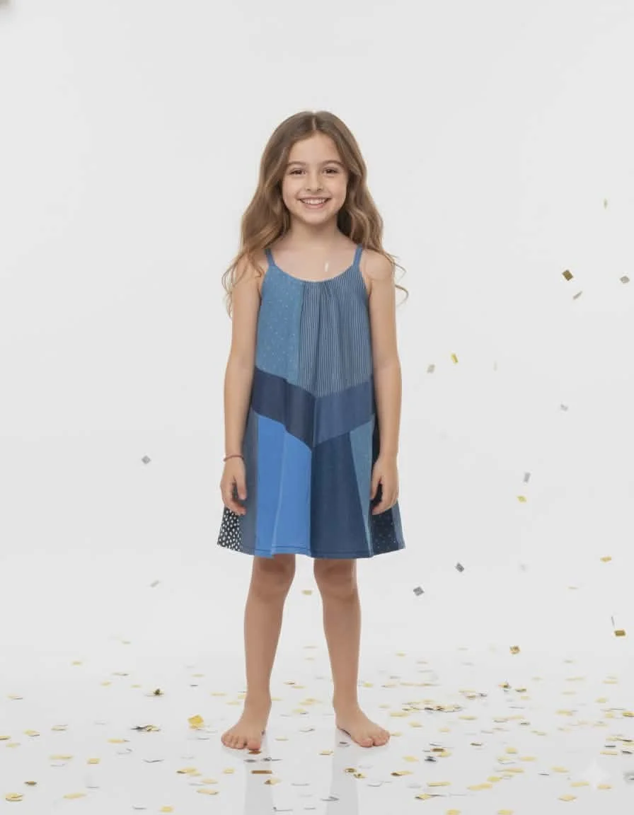 A young girl with long wavy hair, barefoot, standing on a white background with gold and silver confetti, wearing a blue patchwork dress and smiling.