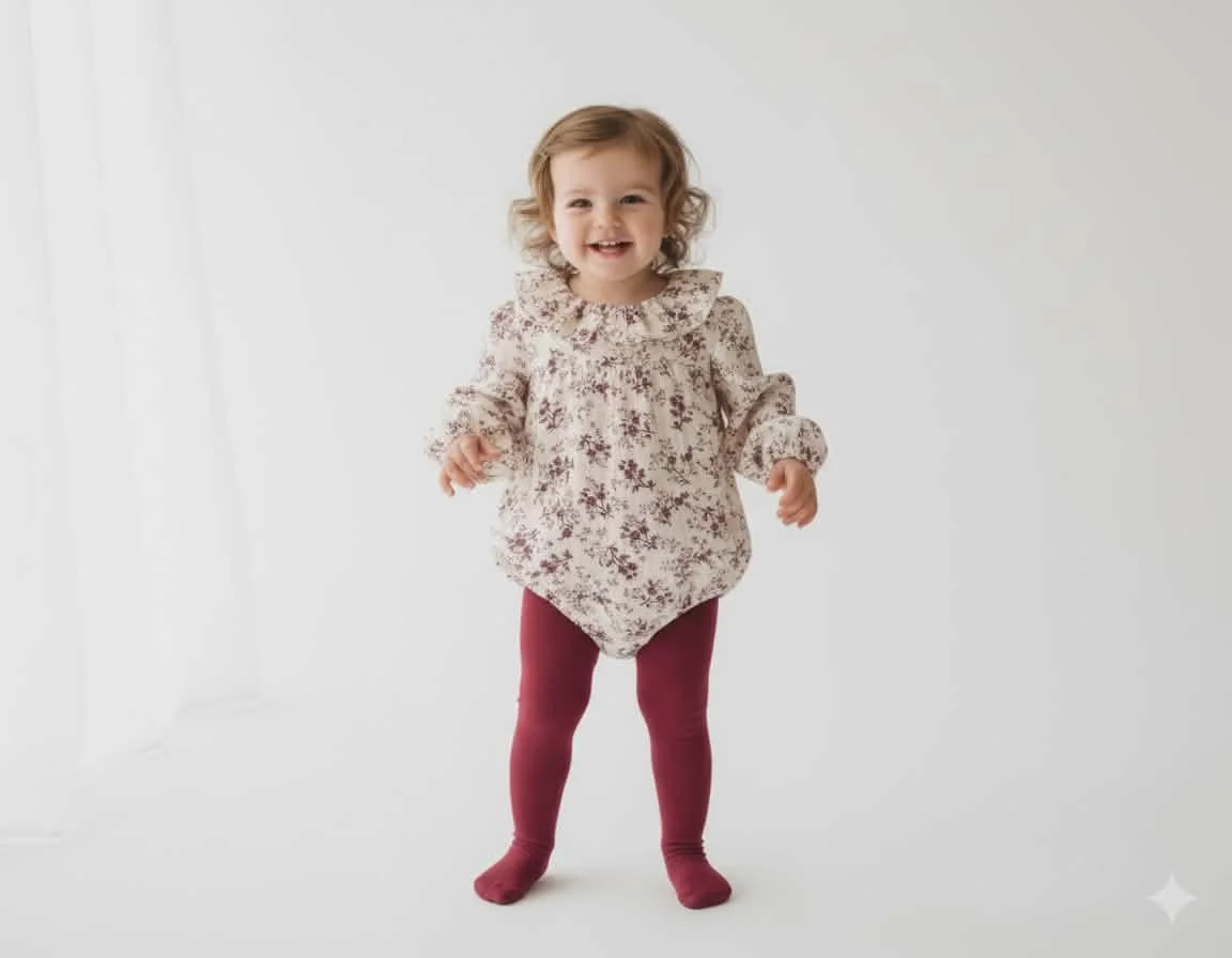 ELIANA Beige Baby Girl Romper with Maroon Flowers