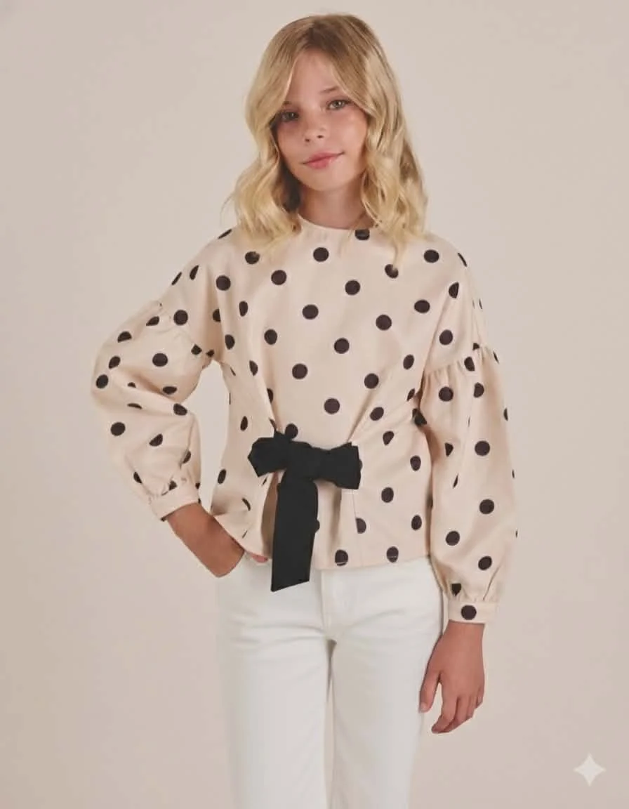 MARINA Blouse in Ecru Color with Black Polka Dots and Bow