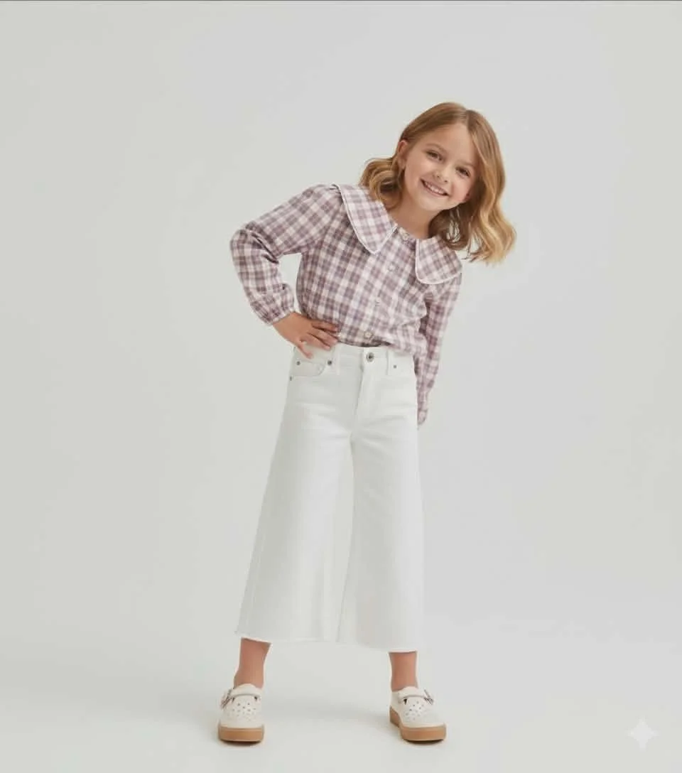 Helena - Girl's Blouse with Beige, Purple, and Tile Checks