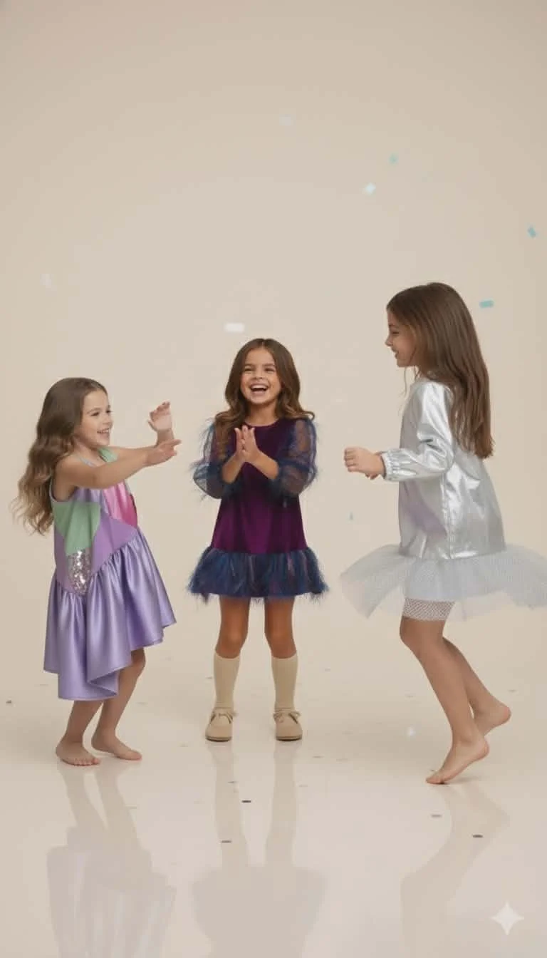 Three young girls celebrating and playing together, one wearing a purple dress, another in a colorful dress, and the third in a white dress, with confetti falling around them.