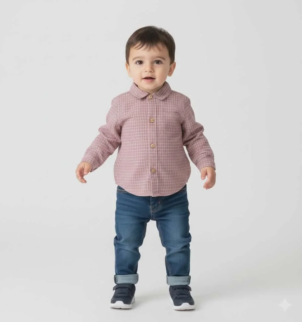 ERIC Mauve-White Checkered Baby Shirt Size and Mao Collar