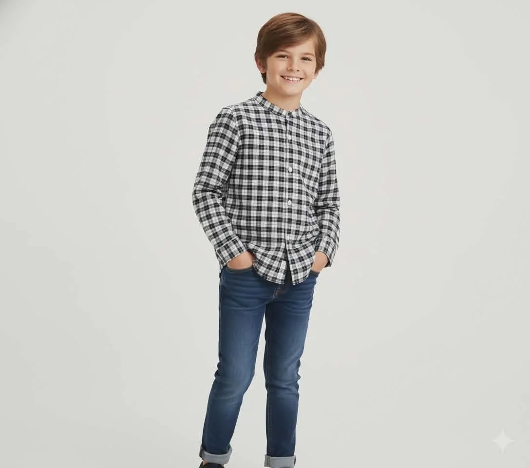 ALEX Mao Collar Boy's Shirt in Tan Beige and Black Checkered