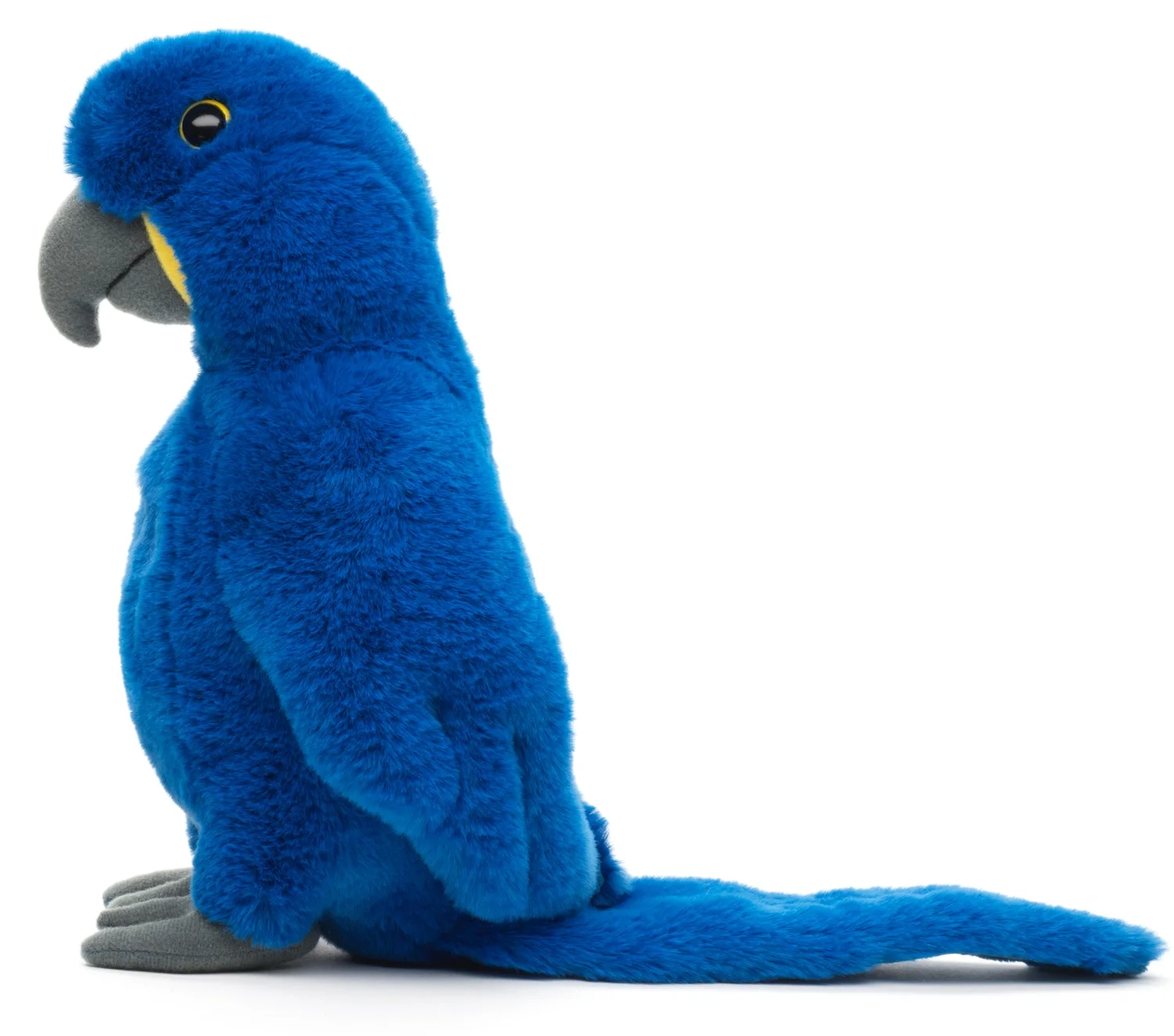 A plush blue parrot mascot with a gray beak and feet, facing left against a white background.