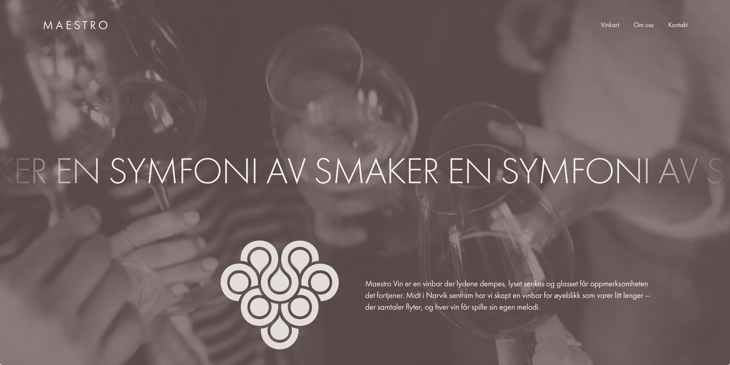 Et bilde av glass med vin, og en vinplante logo er synlig i front