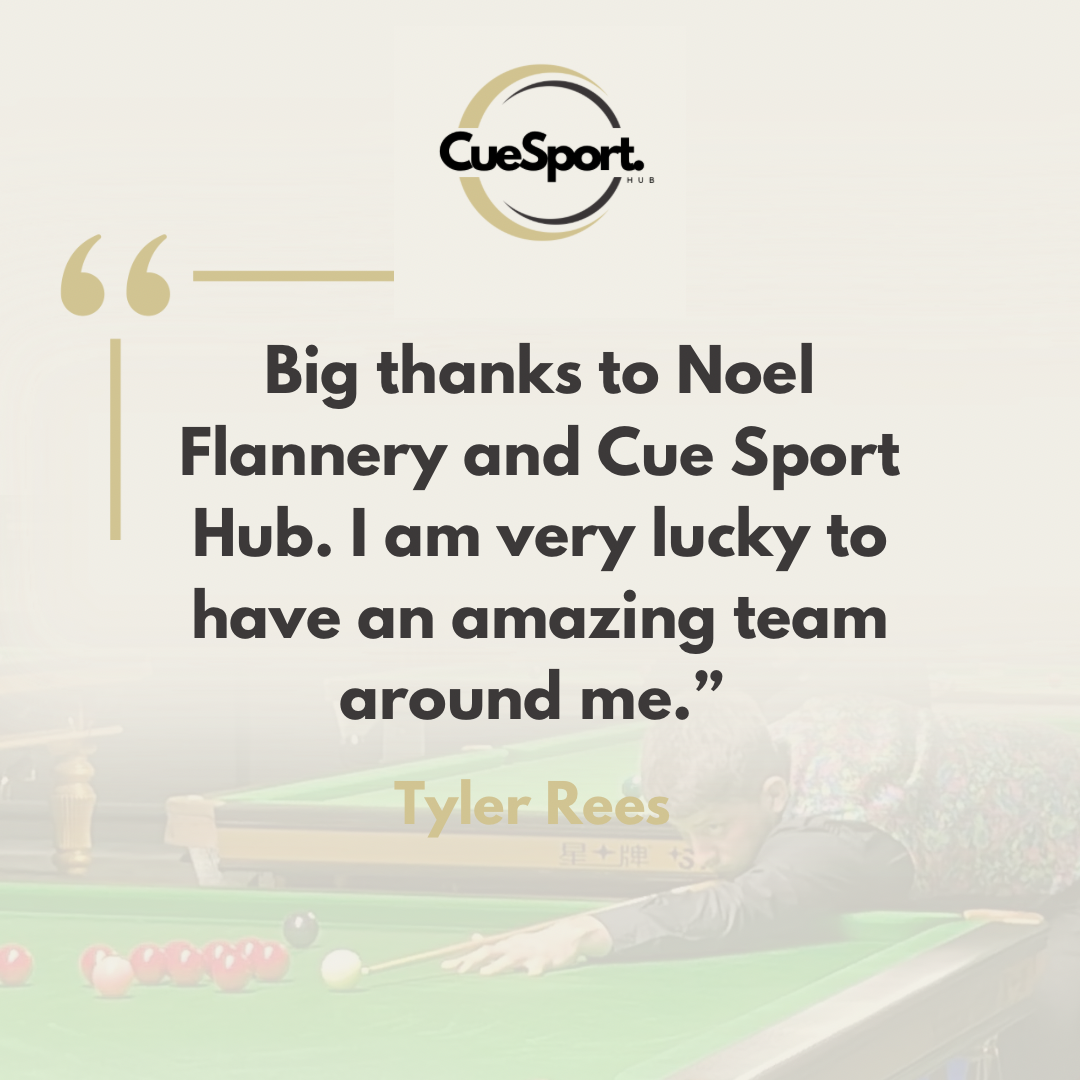 A quote praising Noel Flannery and Cue Sport Hub, with a background of a person playing billiards or snooker at a pool table.
