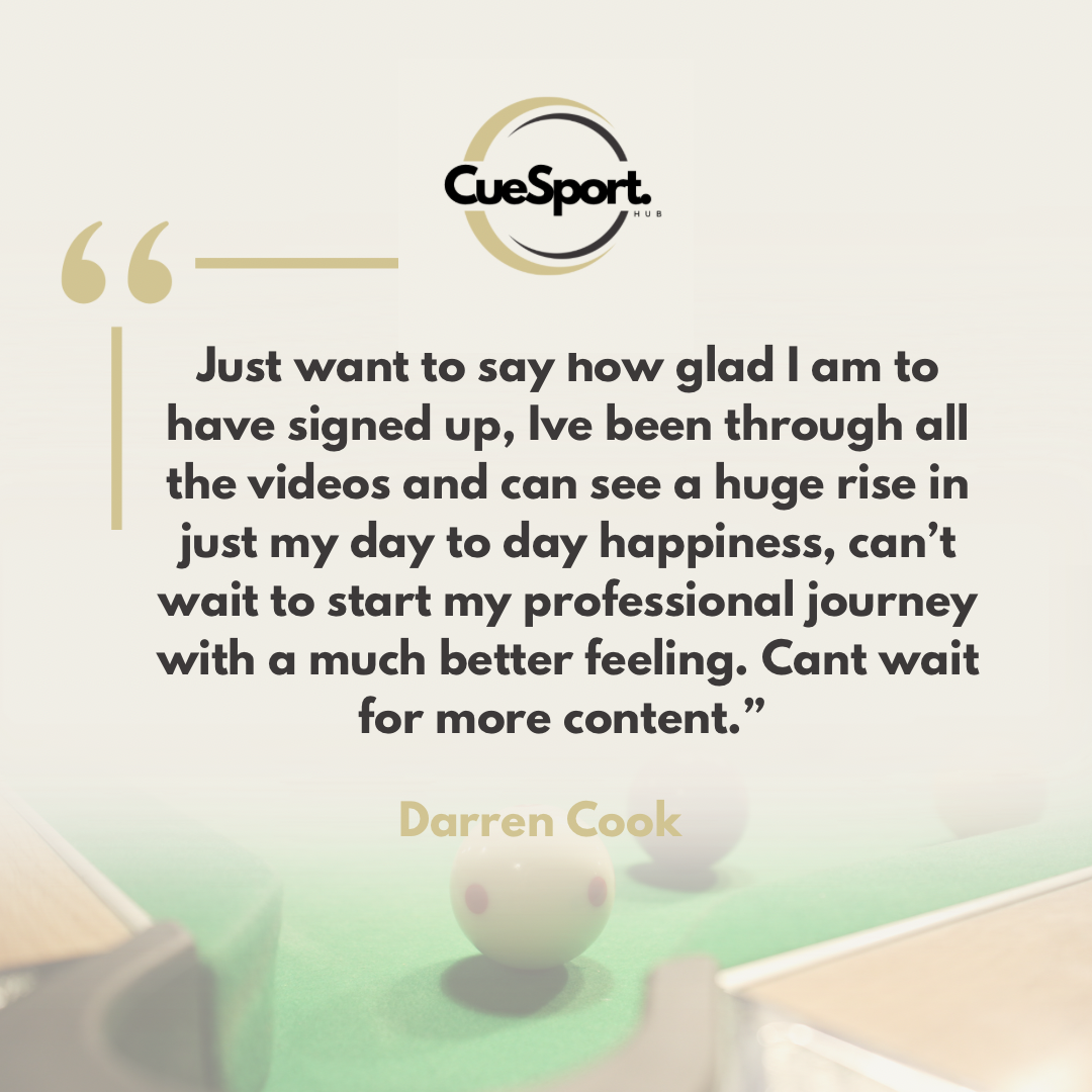 Quote about signing up and enjoying cuesport videos from Darren Cook, with the CueSport Hub logo at the top.