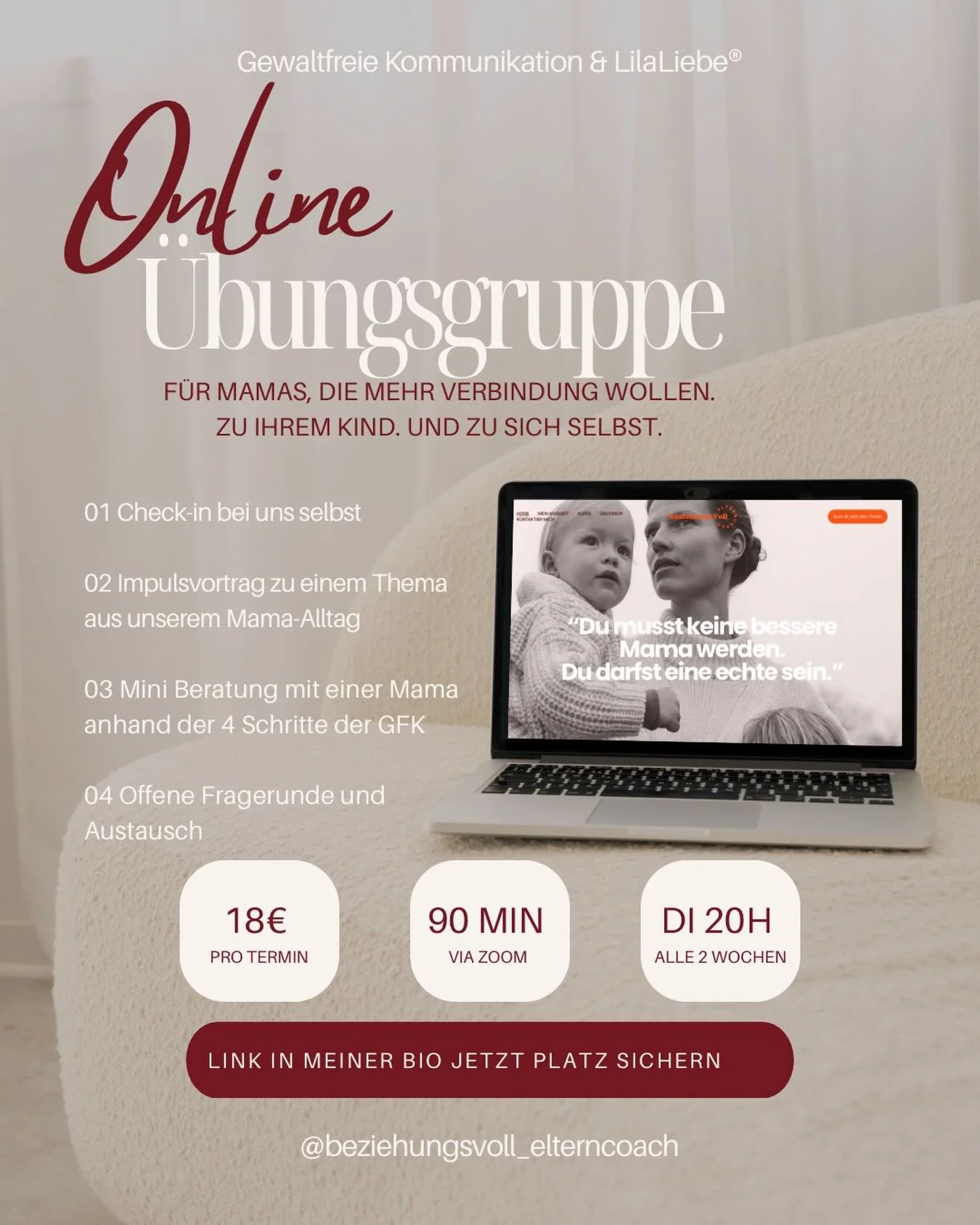 Du willst Gewaltfreie Kommunikation endlich wirklich im Alltag leben?
Nicht nur verstehen, sondern ins Tun kommen?
Ausprobieren, &uuml;ben und dabei begleitet sein?

Genau daf&uuml;r gibt es meine Online &Uuml;bungsgruppe. 🧡

Alle zwei Wochen dienst