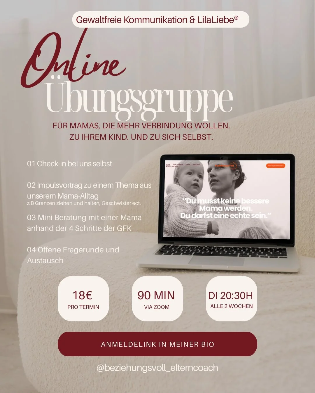 Du musst hier nichts leisten.

Kein richtig.
Kein falsch.

Du musst nichts &uuml;ben.

Du kannst einfach da sein.
Zuh&ouml;ren.
Mitf&uuml;hlen.

Mit oder ohne Kamera.
So, wie es sich f&uuml;r dich gerade stimmig anf&uuml;hlt.

Komm so, wie es dir geh