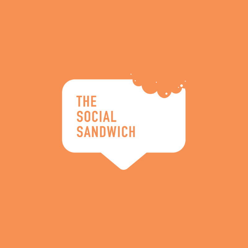 Logo with orange background, a white speech bubble, and the text "The Social Sandwich" in orange.