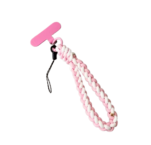 Braided Short Mobile Phone Lanyard Strap Pink and White