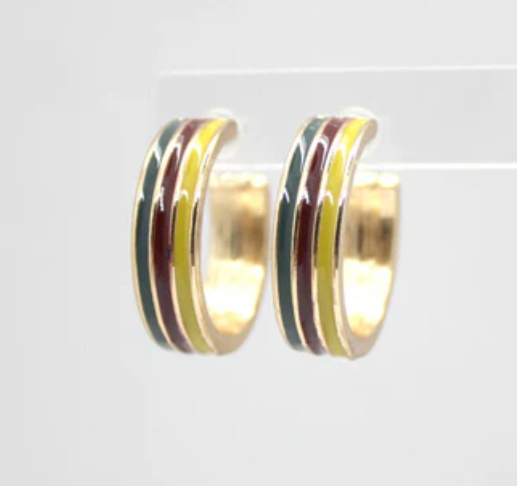 Horizontal Mixed Enamel Coloured C-Shaped Hoop Earrings in Gold Mustard