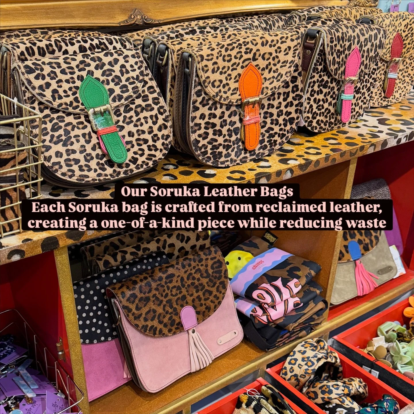 Our super fun @soruka_europe leather bags! Made from recycled leather&hellip; &amp; absolutely timeless 🐆🖤🐄

#cotswolds #livinginthecotswolds #stowonthewold #accessories #handmade