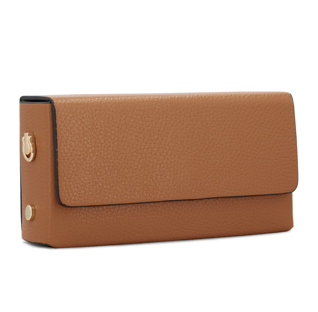 Leather Mini Box Bag with Gold Chain Dark Tan