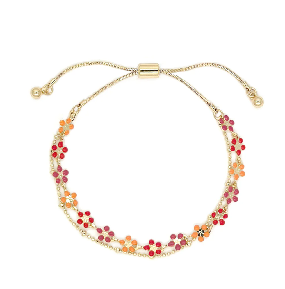 Double Layered Enamel Flower Slider Bracelet in Gold Red
