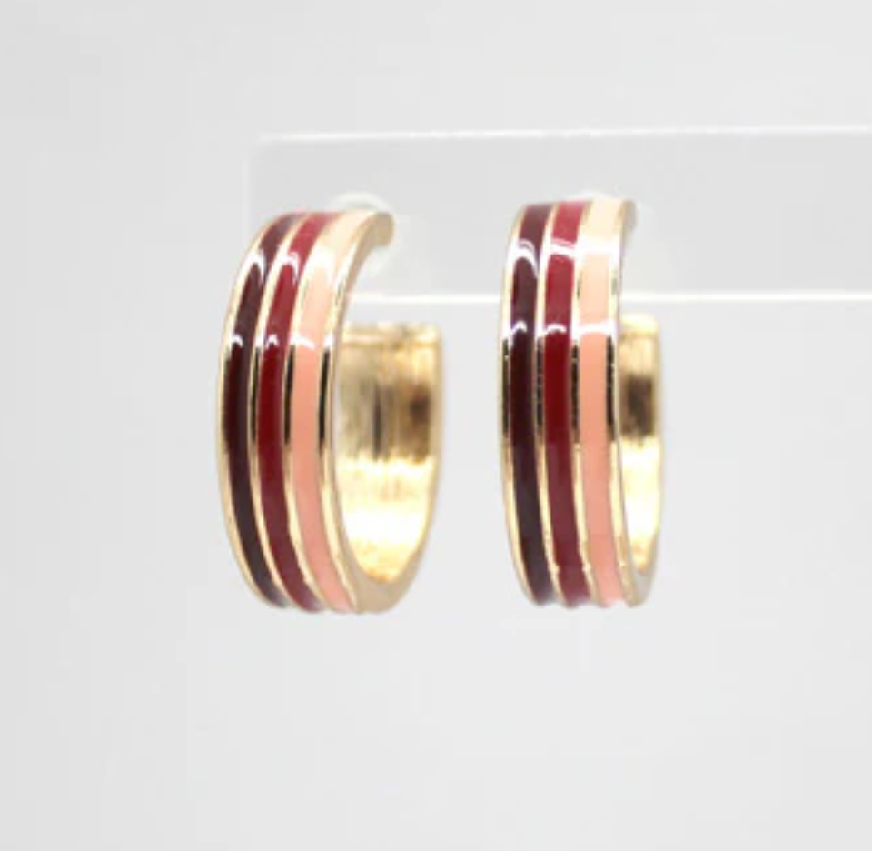 Horizontal Mixed Enamel Coloured C-Shaped Hoop Earrings in Gold Red