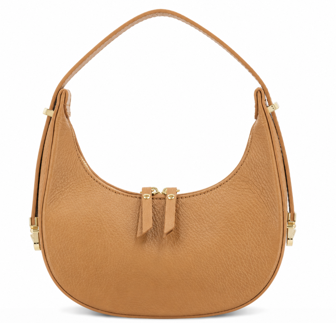 Leather Small Round Handbag Tan