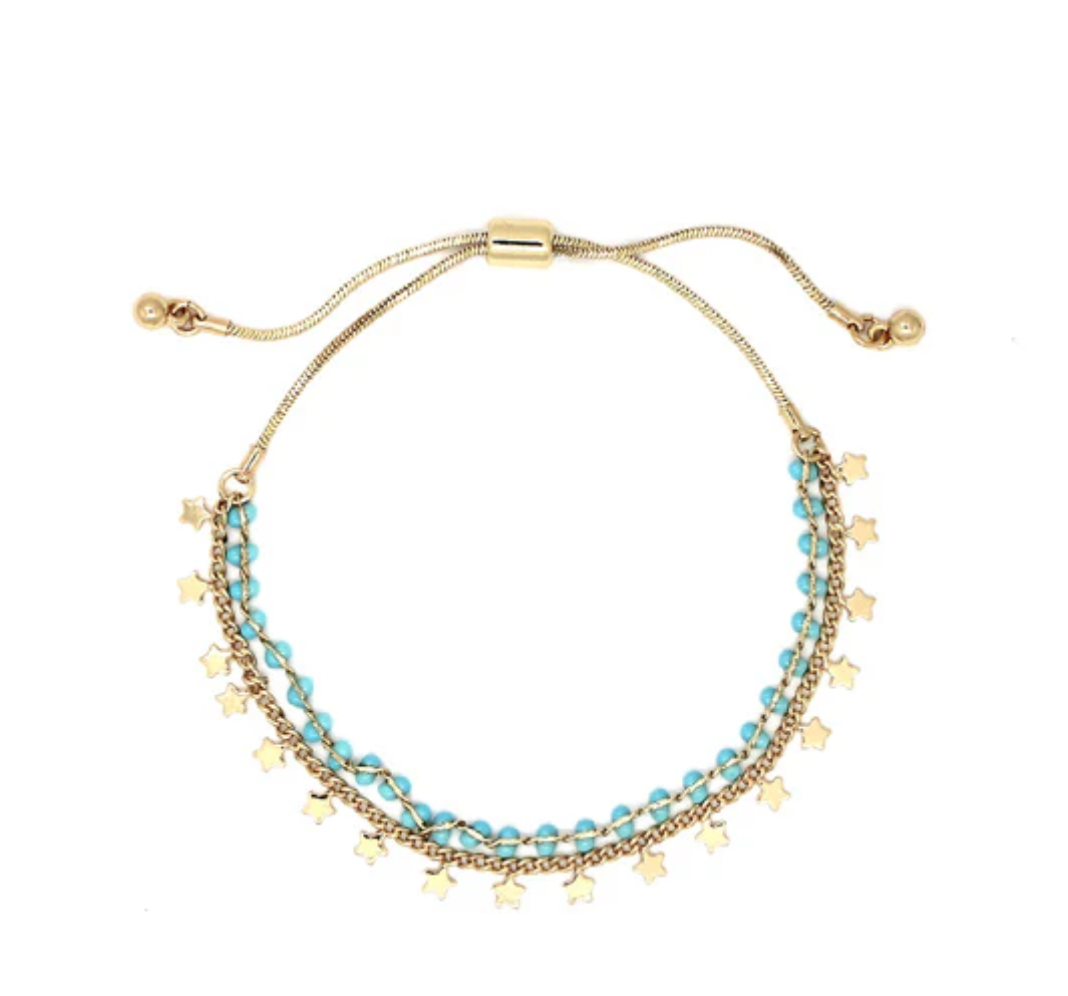 Double Layered Colourful Beads and Stars Chain Slider Bracelet in Gold Turquoise