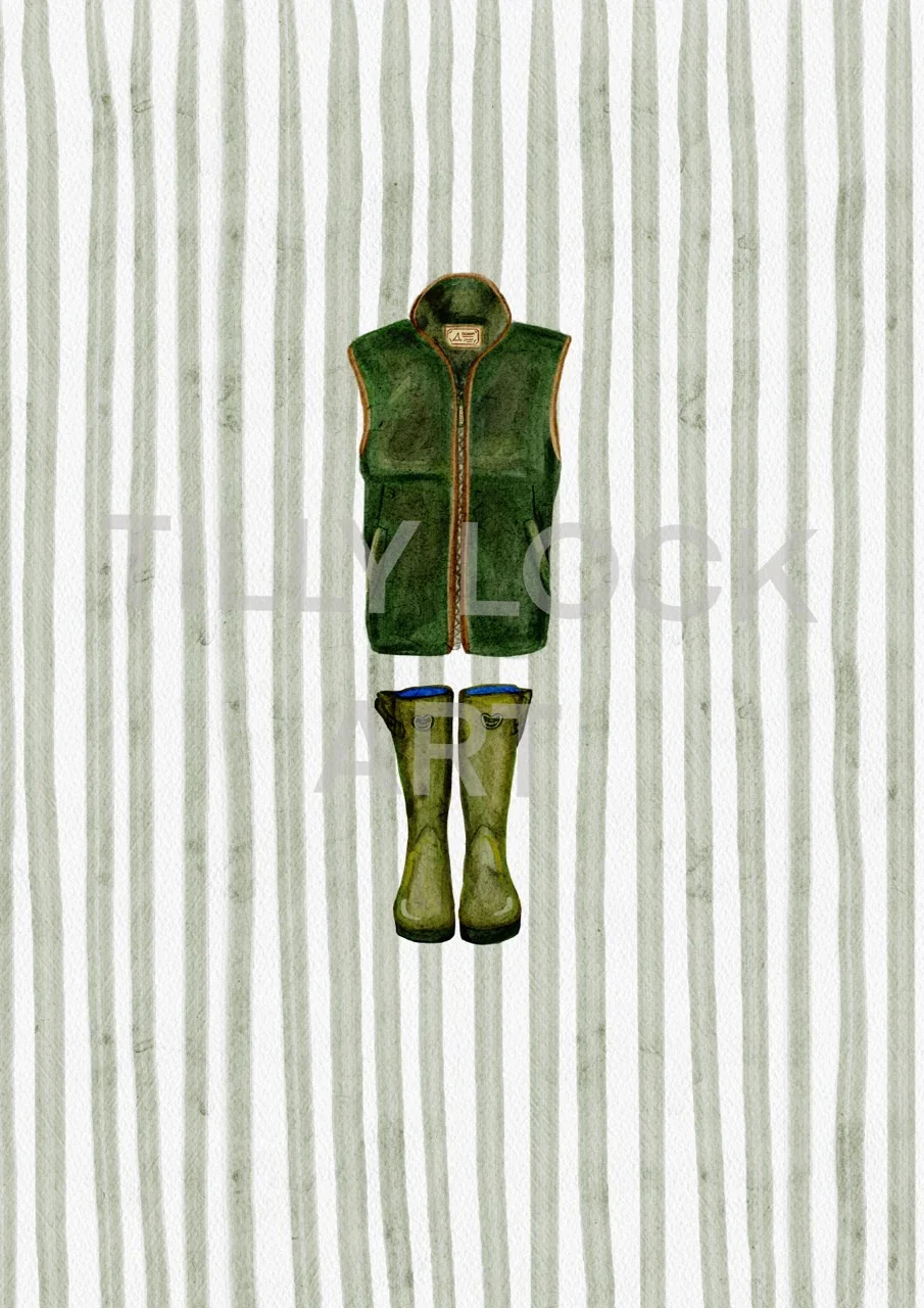 Tilly Lock Stripy Gilet & Wellies A4 Print