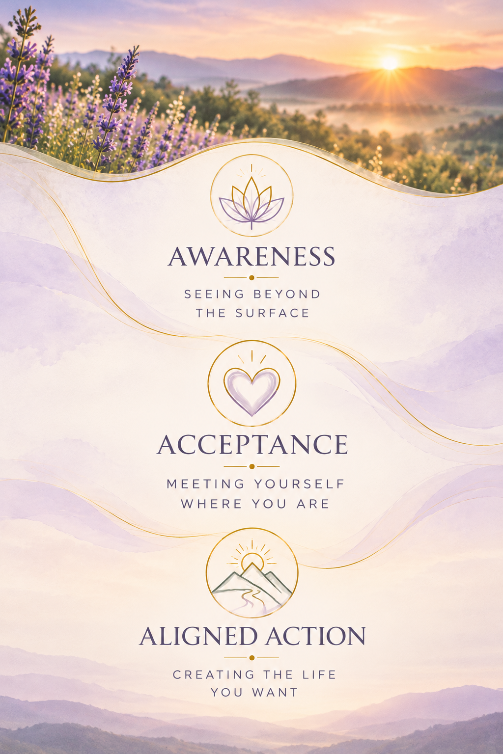 A scenic landscape with purple lavender flowers, mountains in the background, and a sunrise. Overlaid text with three sections: "Awareness" with a lotus flower icon, "Acceptance" with a heart icon, and "Aligned Action" with a mountain icon, each with additional descriptive words.