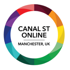 Logo for Canal Street Online, Manchester, UK, featuring a circular rainbow-colored border surrounding the text