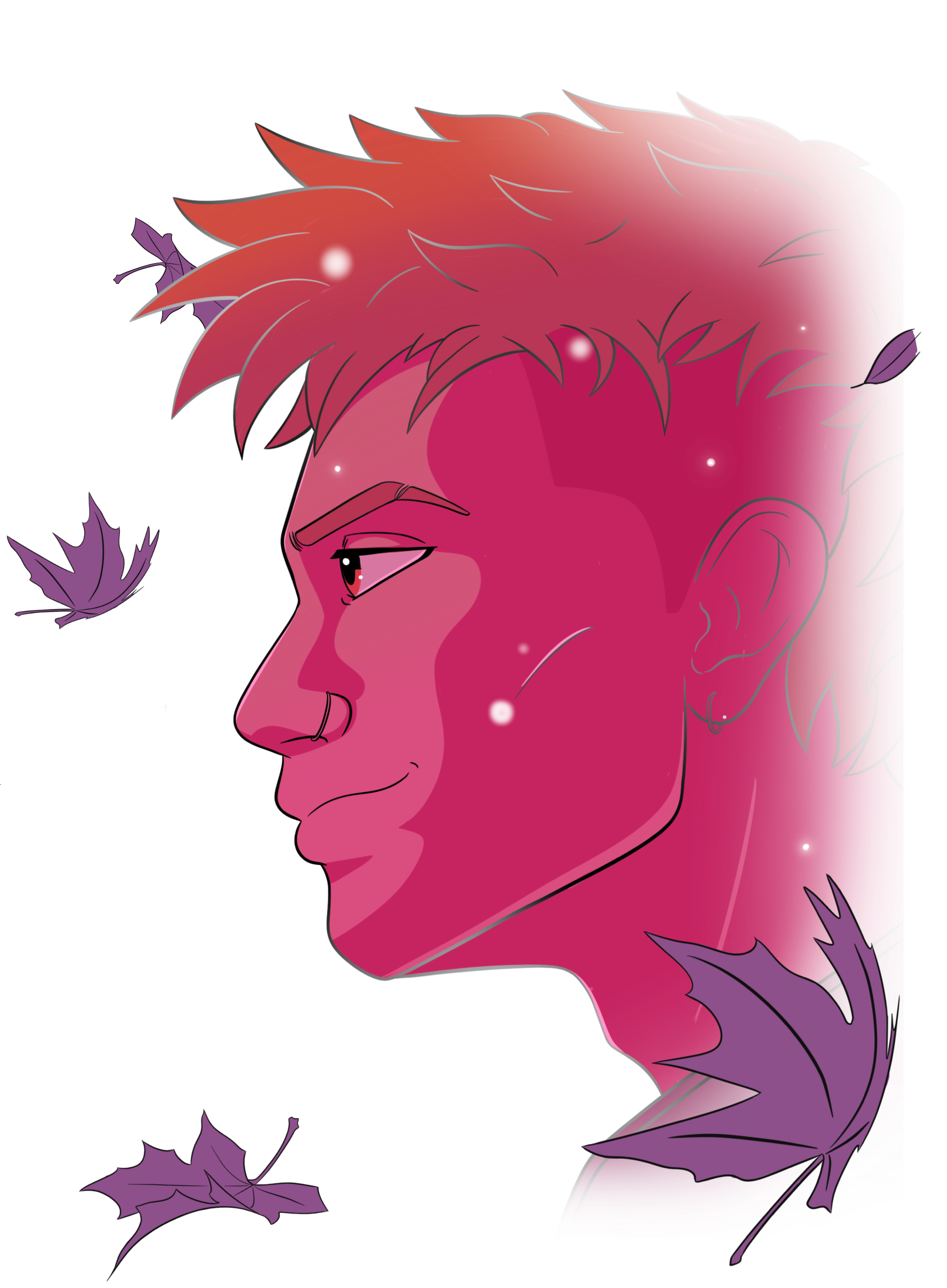 Digital illustration of a pink-skinned woman in profile with short, spiky hair, surrounded by falling purple leaves and glowing white orbs.