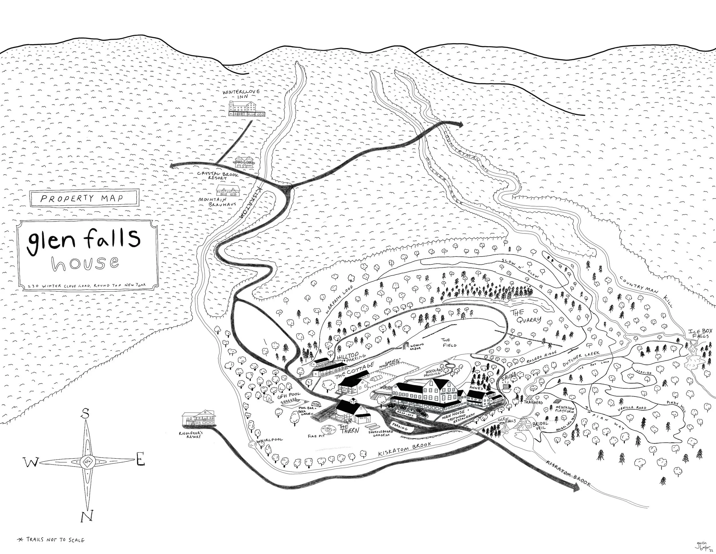 Map of Glen Falls House with paths, property features, and natural landmarks, including Kiskatom Brook, the quarry, and various trails, with north compass and property name.