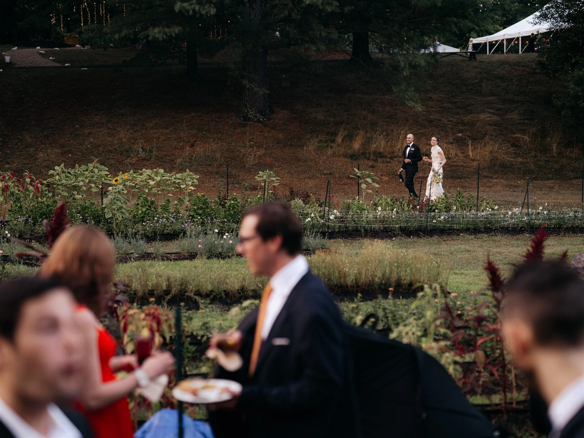 A bride and groom walking through a garden area during a wedding reception, with guests in the foreground.