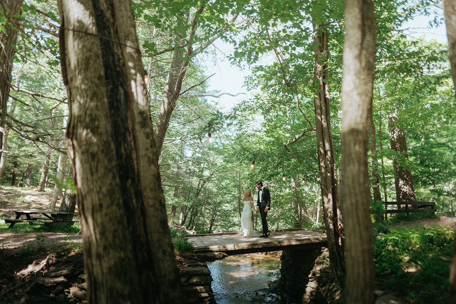 A couple dressed in wedding attire standing on a small wooden bridge over a creek in a lush, green forest. The woman is in a white dress, and the man is in a black suit with a bow tie. String lights hang above them, adding a romantic ambiance.