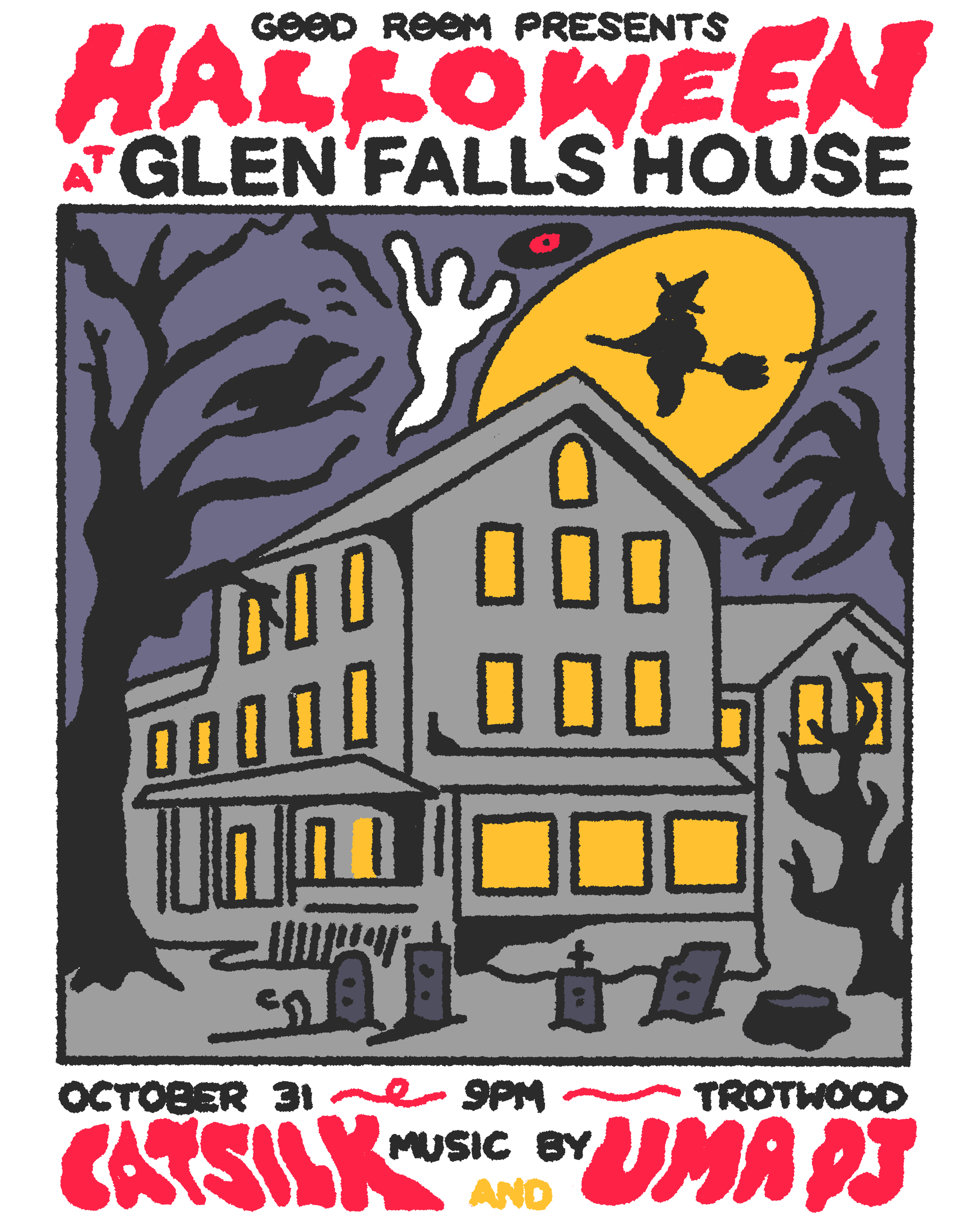 A Halloween event poster for a party at Glen Falls House with a haunted house illustration, ghost, witch on broomstick, full moon, and graveyard. Date is October 31, 9 PM, featuring music by Catskill and UMCAT.