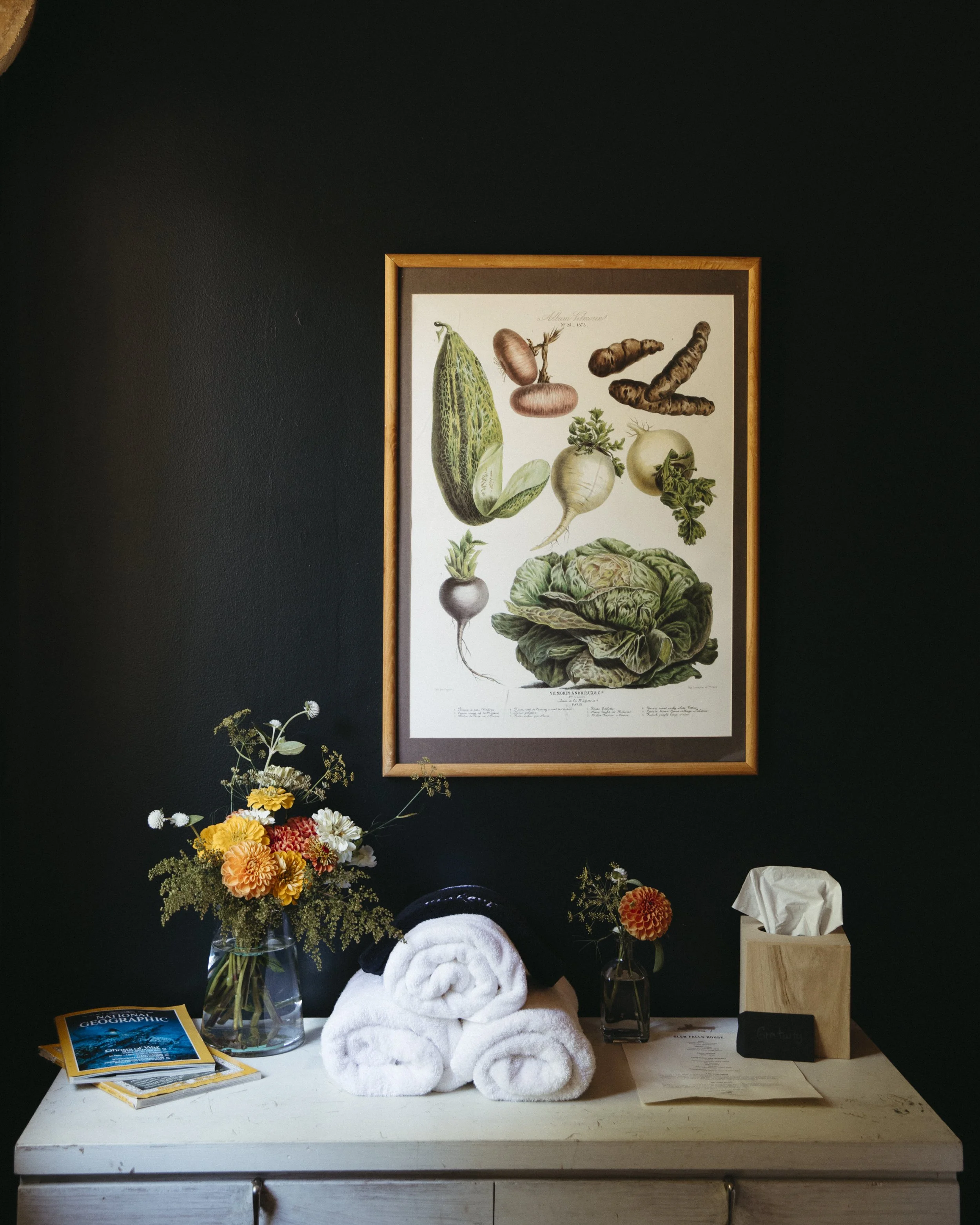 Interior scene with a white dresser against a dark wall, decorated with a vase of flowers, stacked towels, pamphlets, a tissue box, and a note, above which hangs a framed botanical illustration of various vegetables.